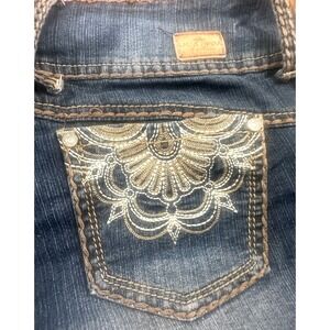 VTG Y2K Almost Famous Thick Stitch Stretch Embroidered Pockets Jeans Sz 7 Grunge